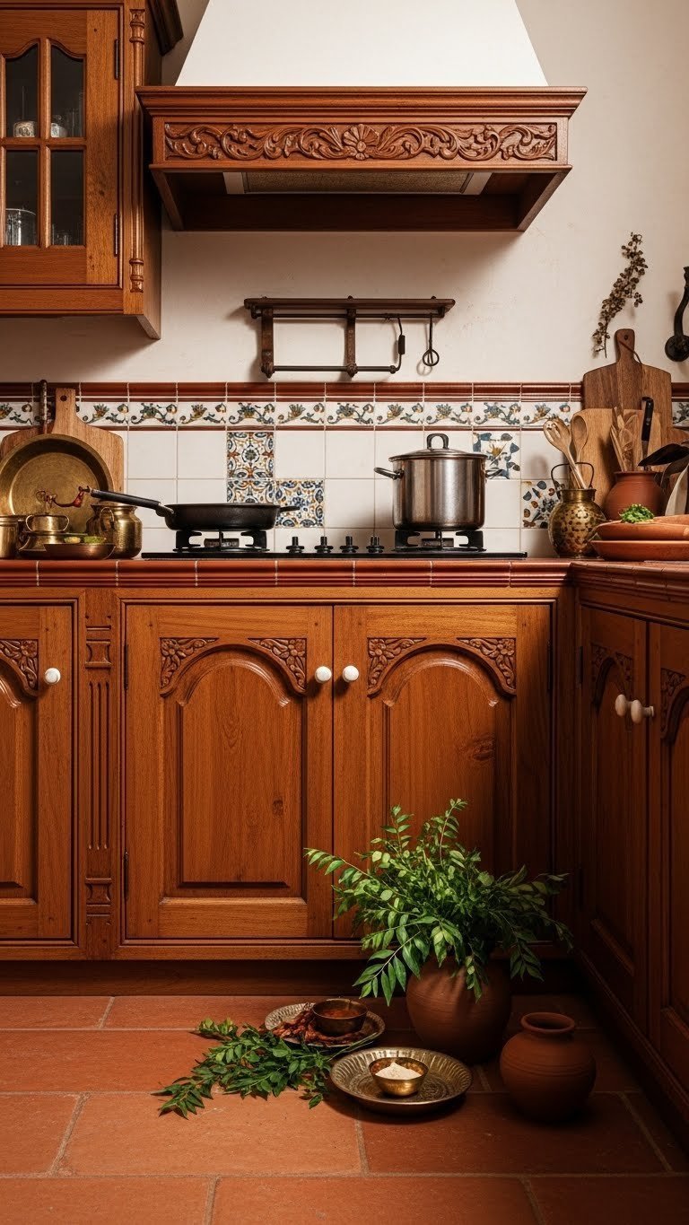 Traditional Kerala kitchen featuring rich wood finish cabinets and warm terracotta tiles with brass kitchenware.