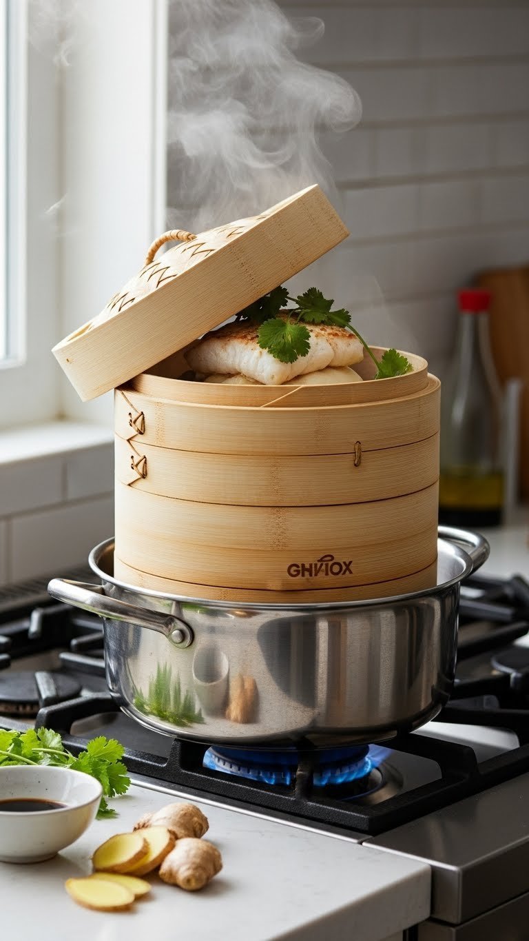 11 Essential Chinese Kitchen Gadgets: Master Authentic Cooking 3 Traditional bamboo steamer baskets with steam rising and bao bun visible inside on stovetop with soy sauce