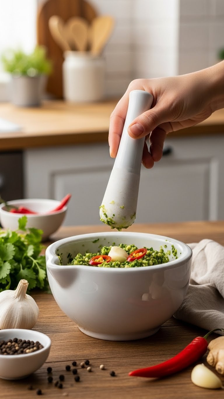 11 Essential Chinese Kitchen Gadgets: Master Authentic Cooking 19 Traditional ceramic mortar and pestle with vibrant green paste and fresh ingredients on rustic wooden table