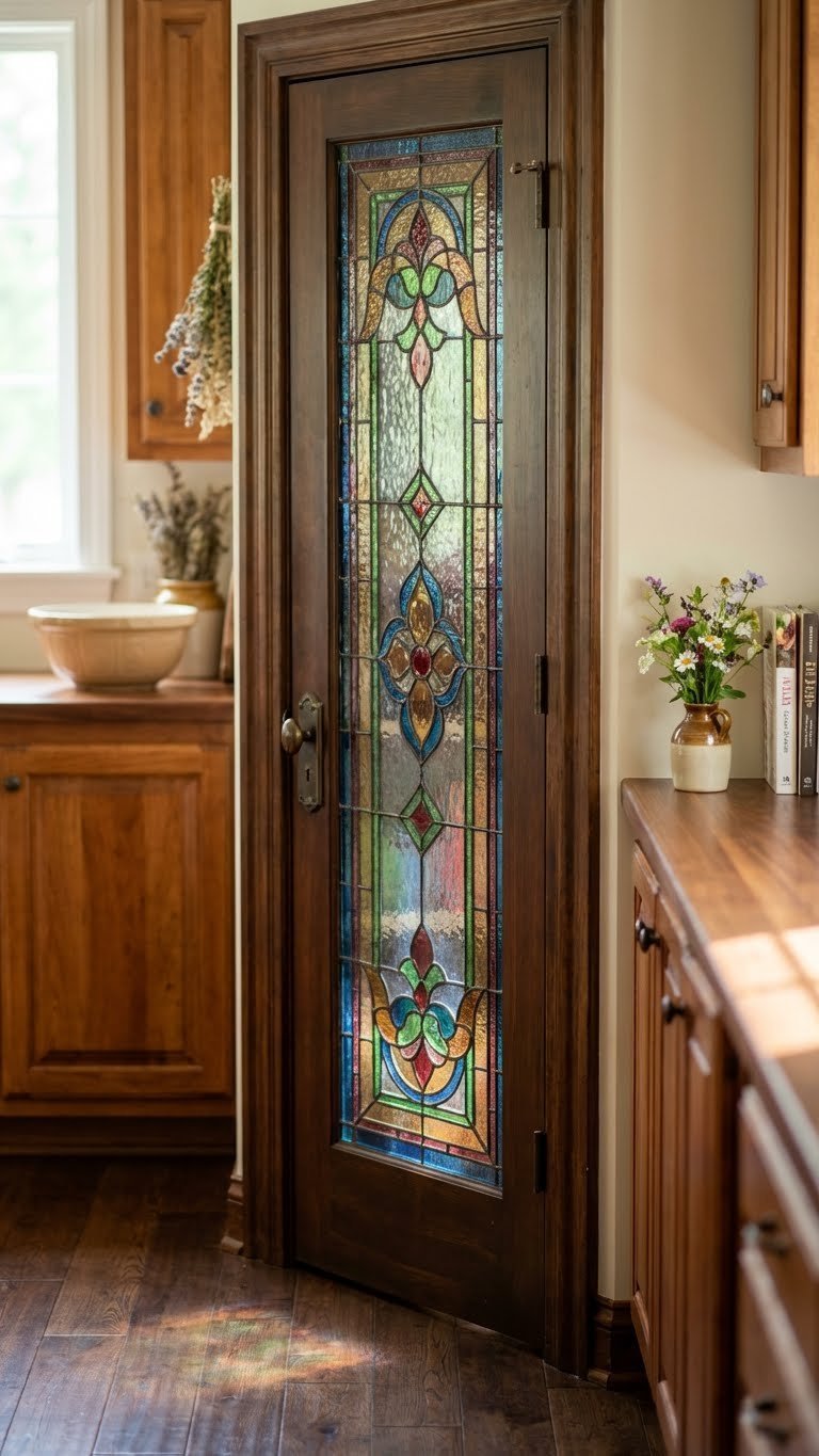 Traditional kitchen showcases a vibrant stained glass pantry door with an intricate colorful pattern, antique bronze hardware, and fresh flowers.