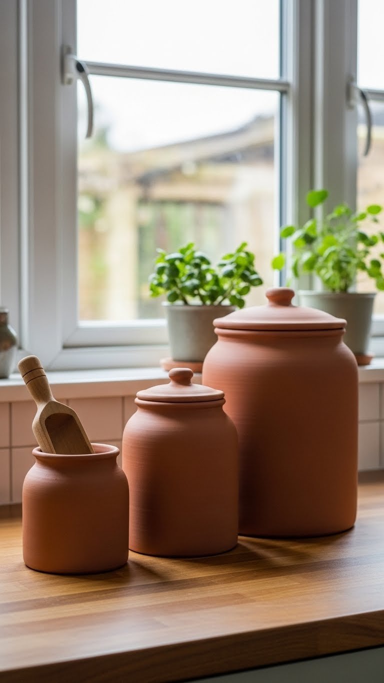 Traditional terracotta canisters of varying sizes lined up on butcher block countertop with wooden scoop