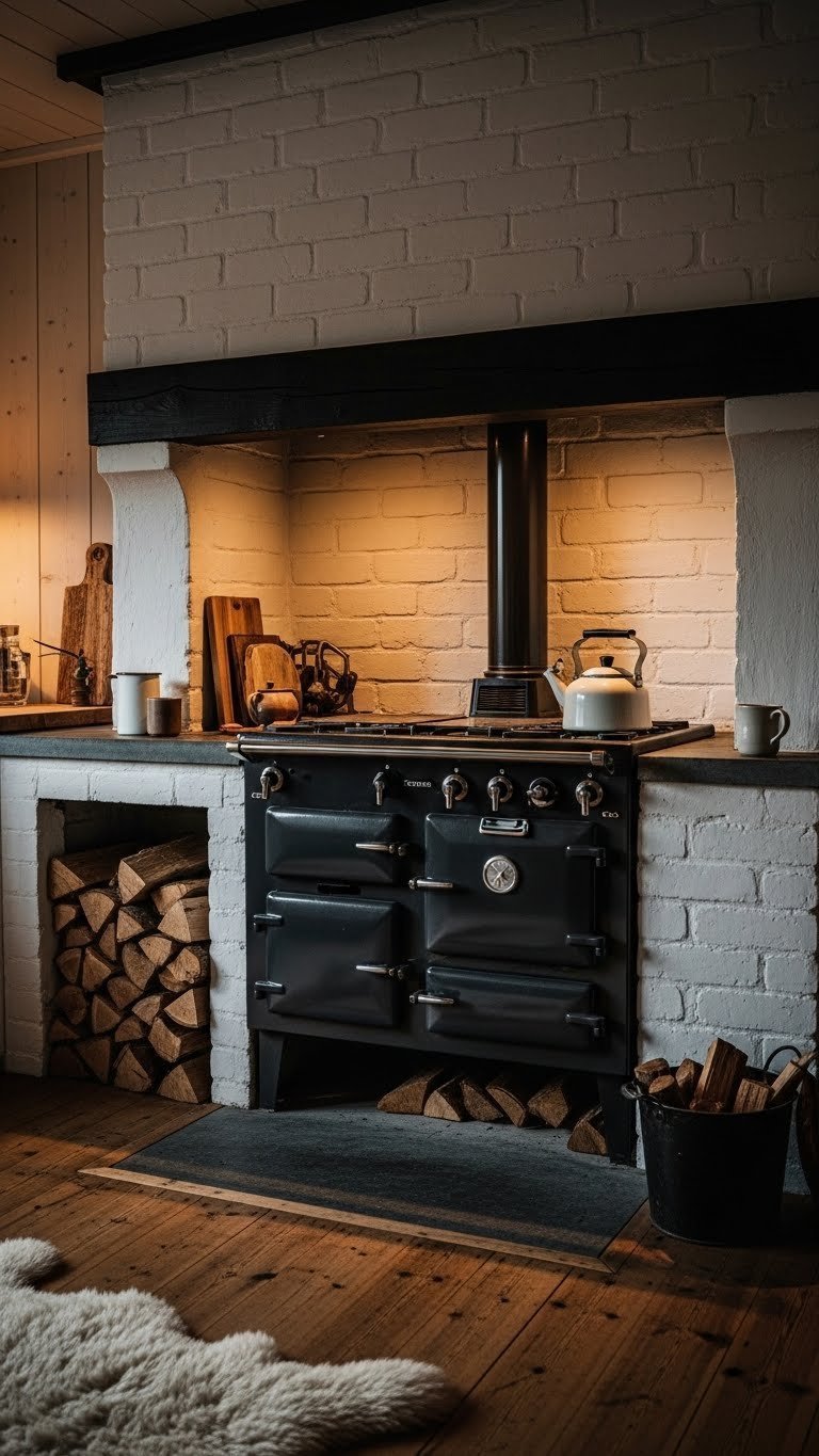 Traditional wood burning range cooker creating cozy hygge atmosphere in rustic Scandinavian kitchen setting.