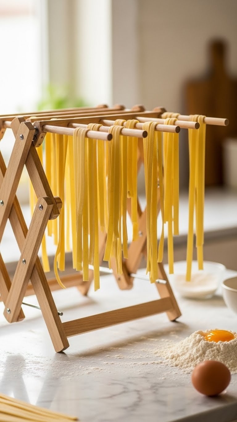 10 Unique Tuscan Kitchen Gadgets To Elevate Your Rustic Cooking 11 Traditional wooden pasta drying rack with fresh fettuccine noodles draped over beechwood dowels