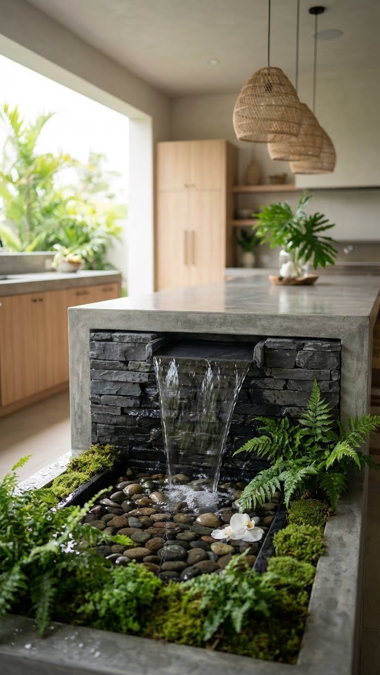 Outdoor Kitchen Tropical Design Ideas For A Resort Style Backyard 17 Tranquil tropical outdoor kitchen with slate waterfall feature cascading water surrounded by lush ferns and river rocks