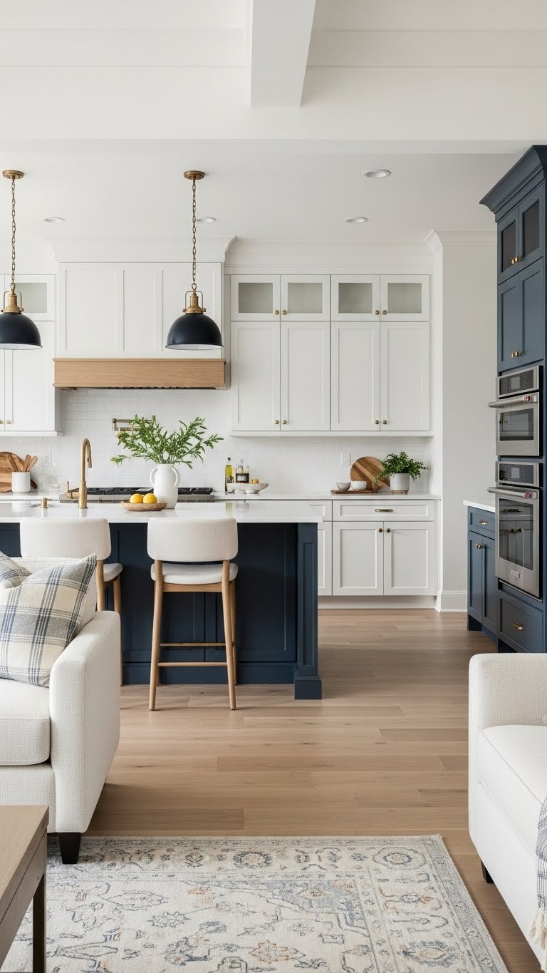 Transitional U-shaped kitchen island meets living room. Blended design, shaker cabinets, quartz, navy, warm whites.