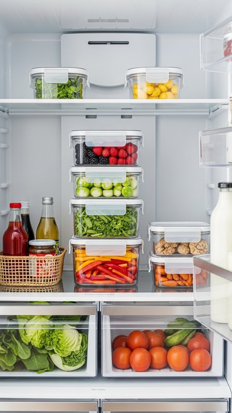 Meesho Kitchen Gadgets: 11 Essential Tools For Smart Cooking 13 Transparent smart storage containers filled with colorful fresh produce organized inside refrigerator shelf.