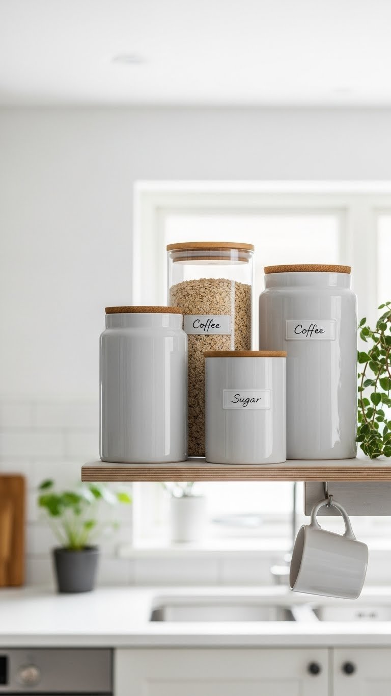 Trio of matte white ceramic canisters with wood lids on wooden shelf in minimalist scandi kitchen interior