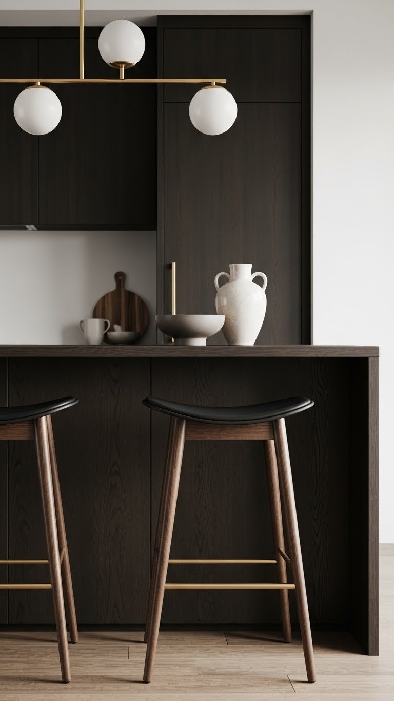 Two Mid-Century Modern dark bar stools with tapered wooden legs and brass accents in a contemporary dark kitchen.