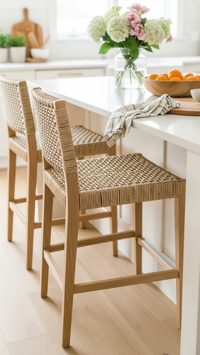 Two charming scandi counter stools with natural woven seats and light wood frames in bright airy kitchen