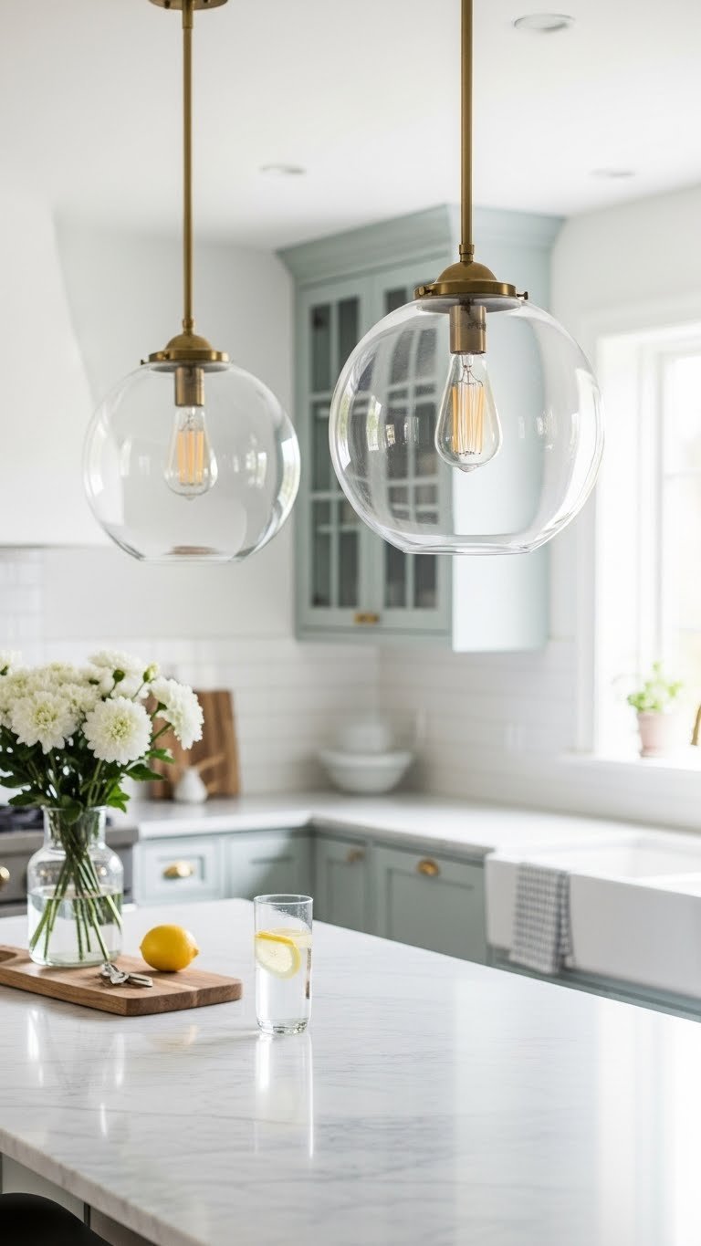 Two clear glass globe pendant lights with brass fittings hanging over white marble kitchen island