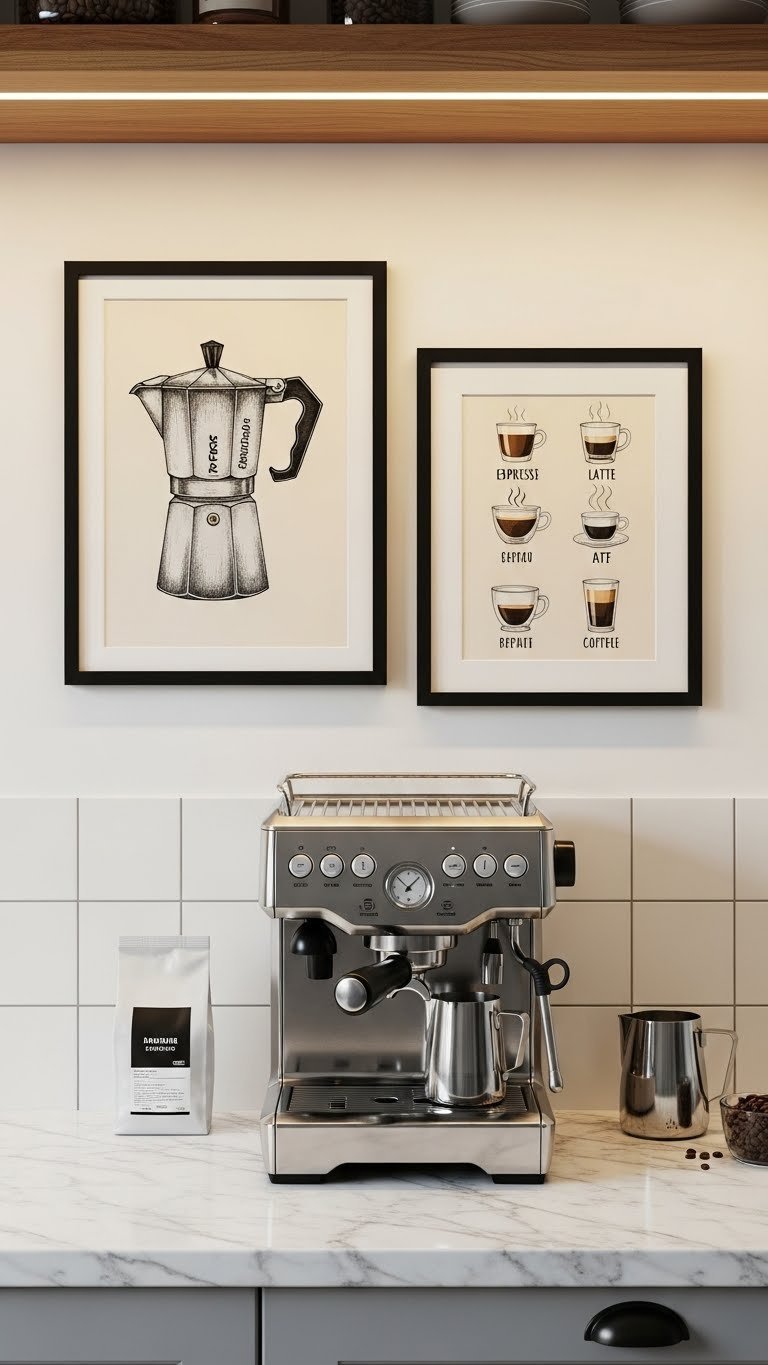 Two coffee-themed prints in black frames above espresso machine featuring Moka pot illustration and coffee types schematic