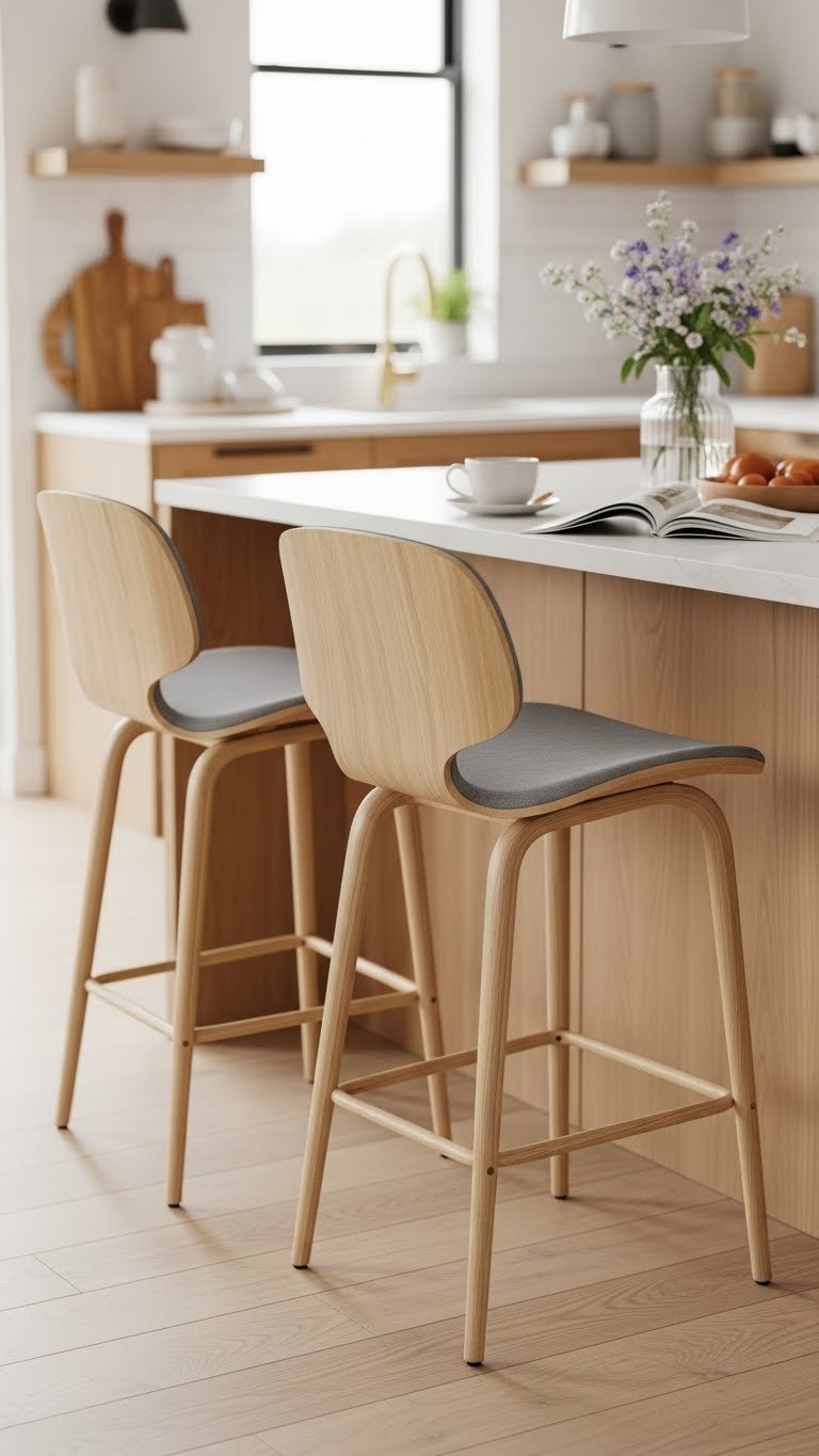 Two comfortable scandi counter stools with supportive curved backrests positioned invitingly at kitchen island