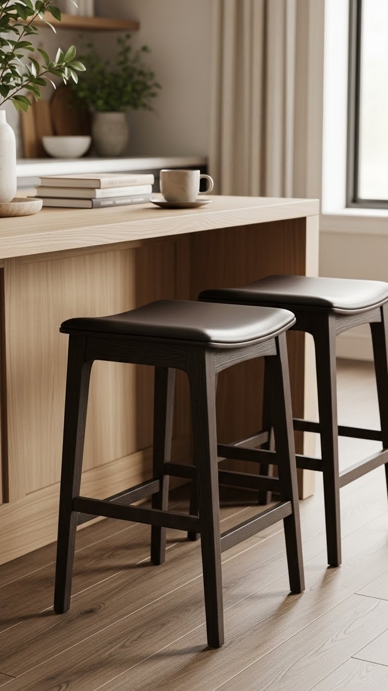 Two dark wood bar stools with minimalist leather seats against a light wooden kitchen island, showcasing rich espresso tones.