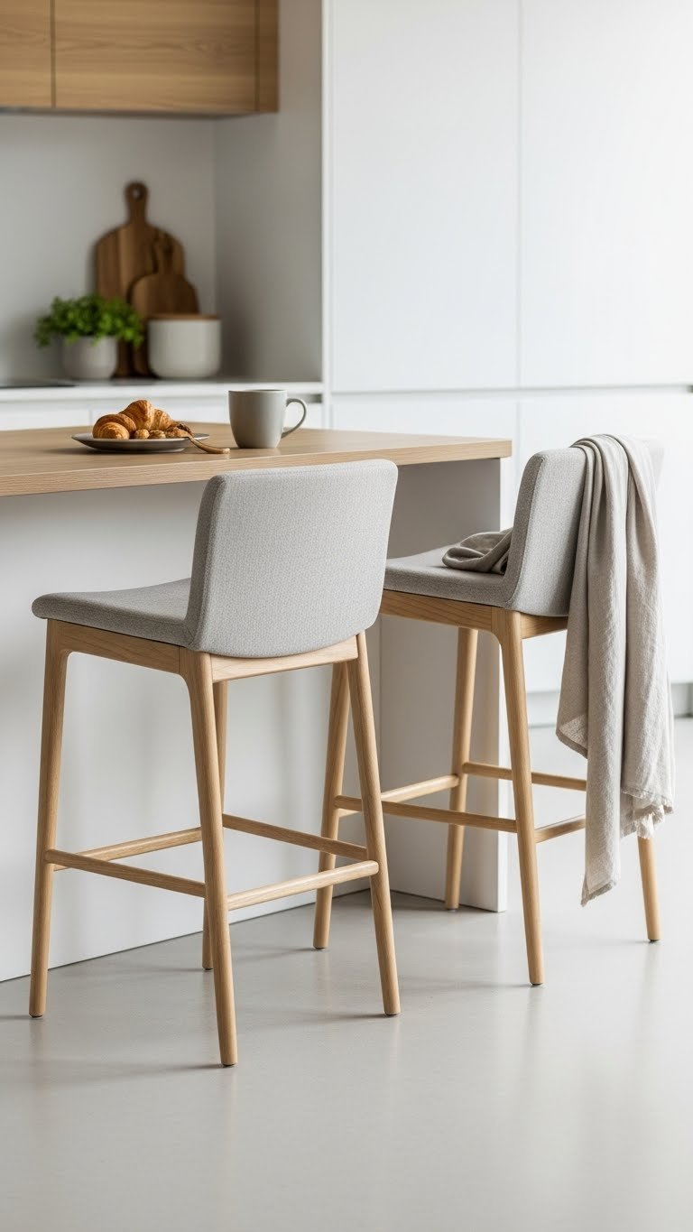 Two elegant upholstered scandi counter stools with comfortable grey fabric seats placed at cozy kitchen breakfast bar