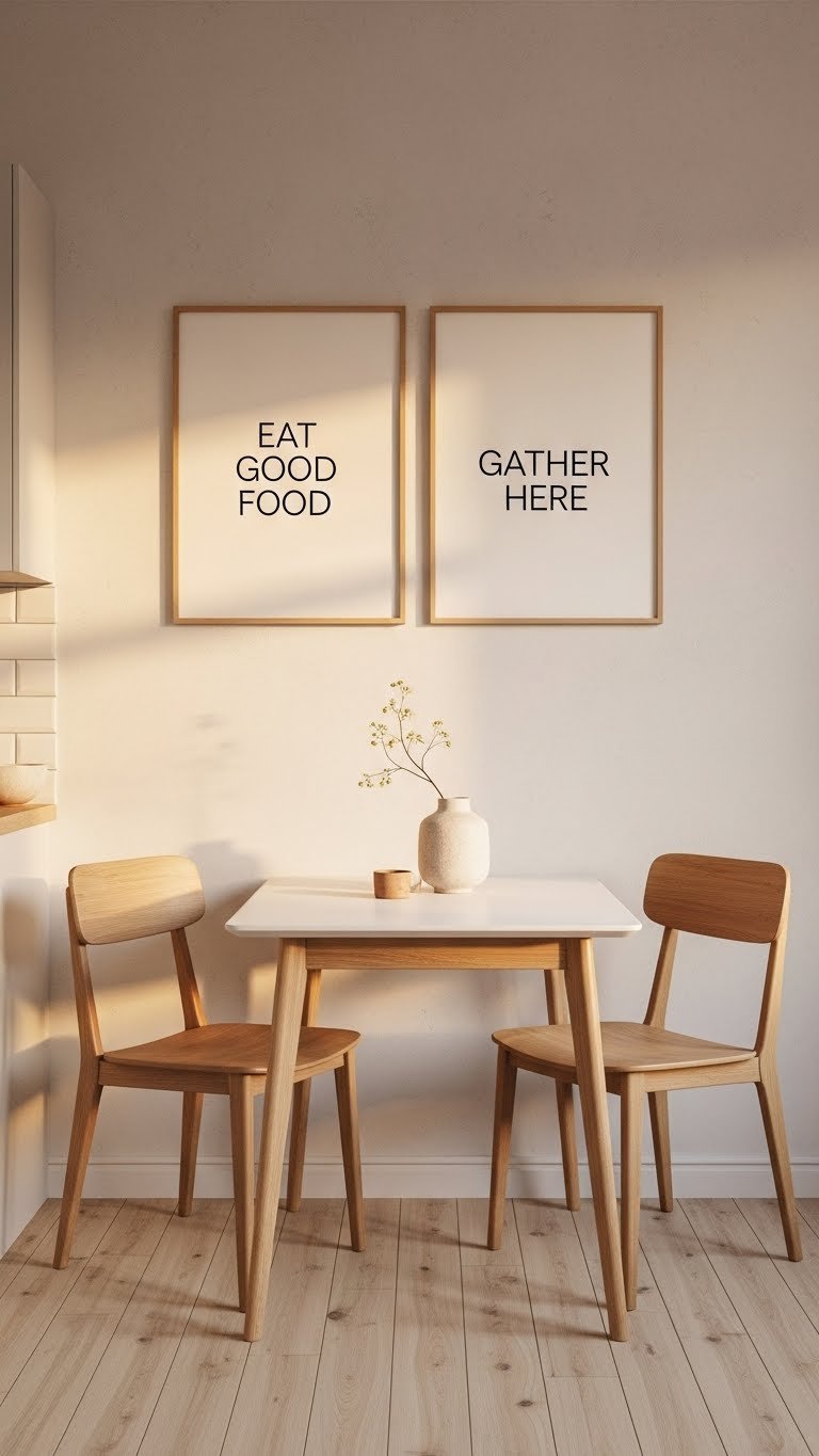Two framed typographic prints reading 'Eat Good Food' and 'Gather Here' displayed above light wood dining table