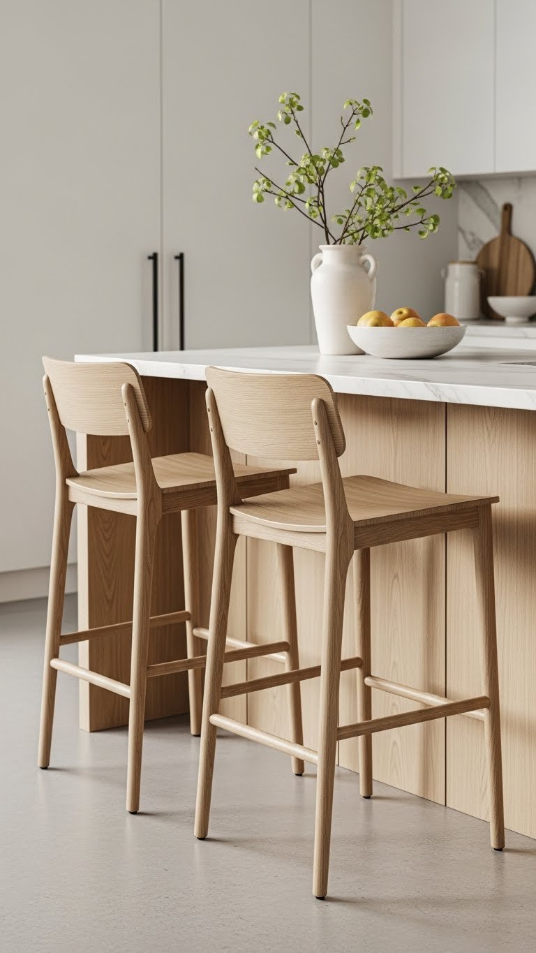 Two minimalist solid wood scandi bar stools positioned at modern kitchen island with marble countertop and soft natural lighting