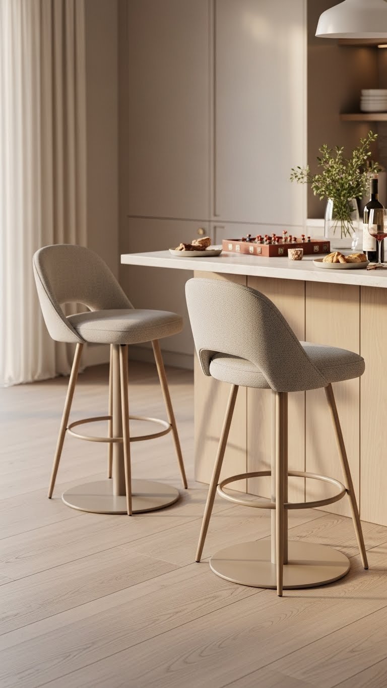 Two modern scandi swivel stools with upholstered seats positioned at social kitchen gathering island