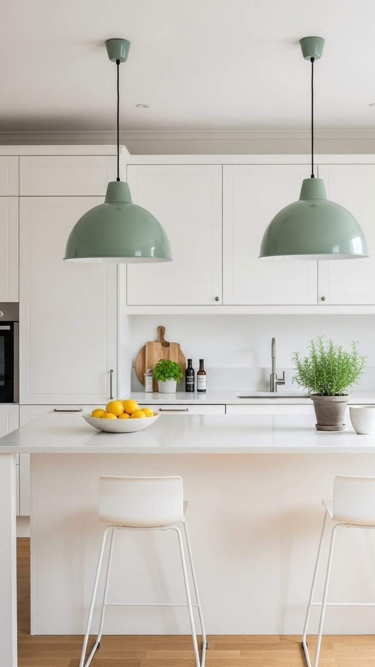 Two sage green metal dome pendant lights hanging over white kitchen island with natural wood accents