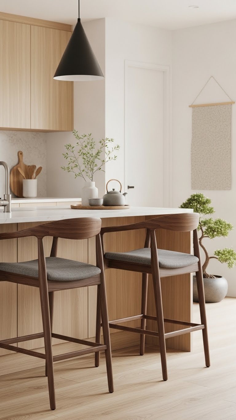 Two serene Japandi-style counter stools blending Japanese minimalist aesthetics with Scandinavian warmth