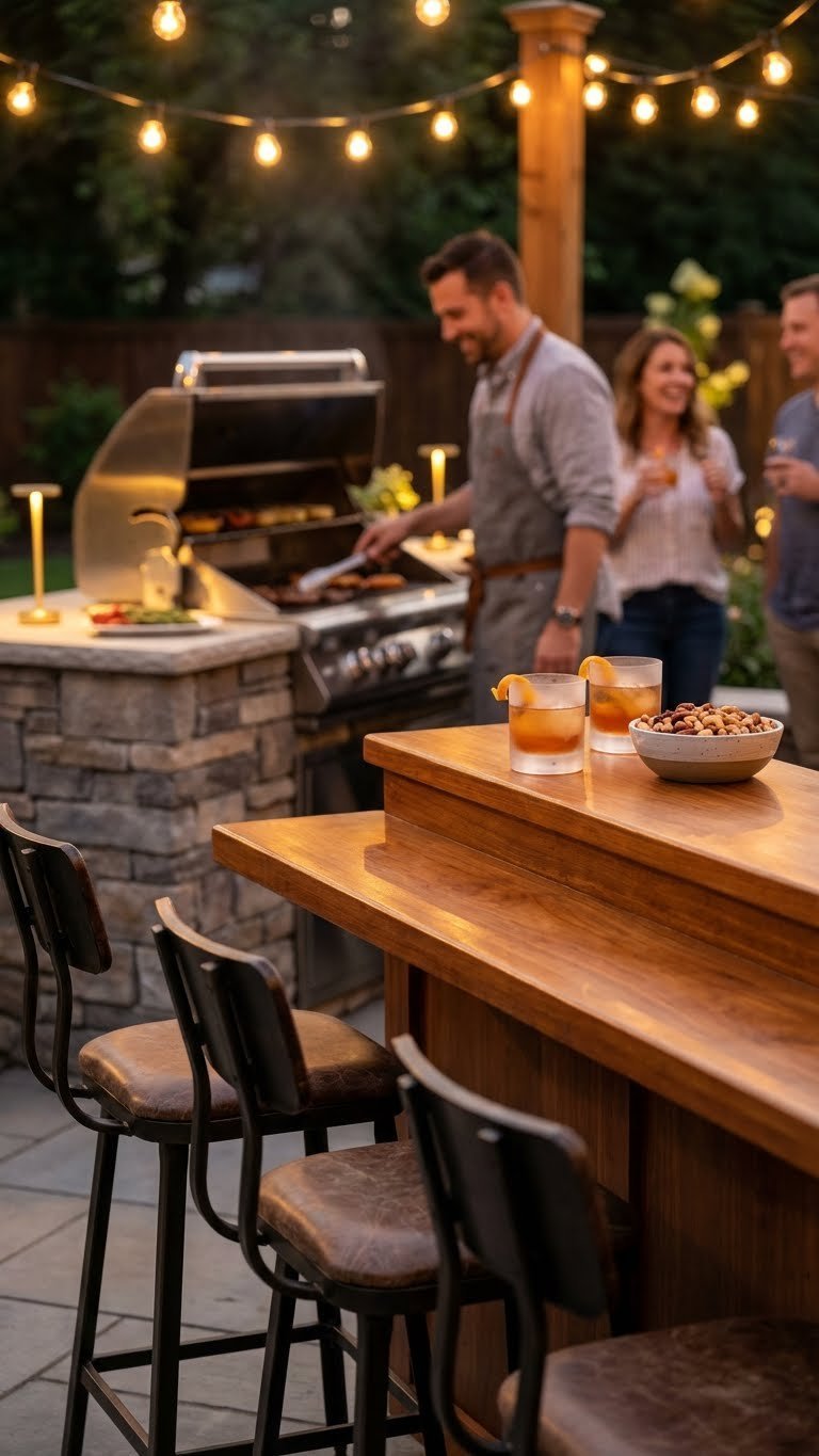 Two-tier outdoor kitchen bar with seating during evening party with cocktails and blurred social gathering backdrop