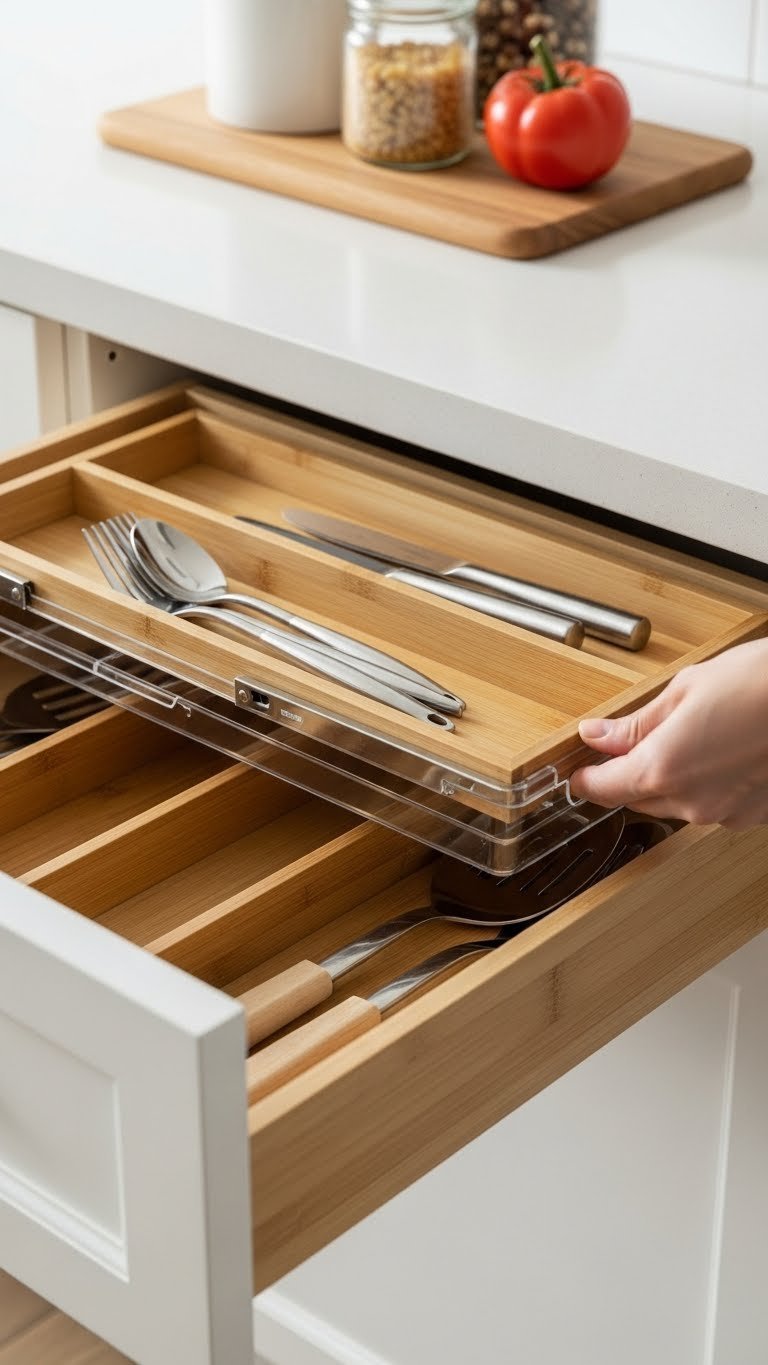 Two-tier sliding utensil organizer revealing lower compartment with spatulas and serving spoons in kitchen drawer
