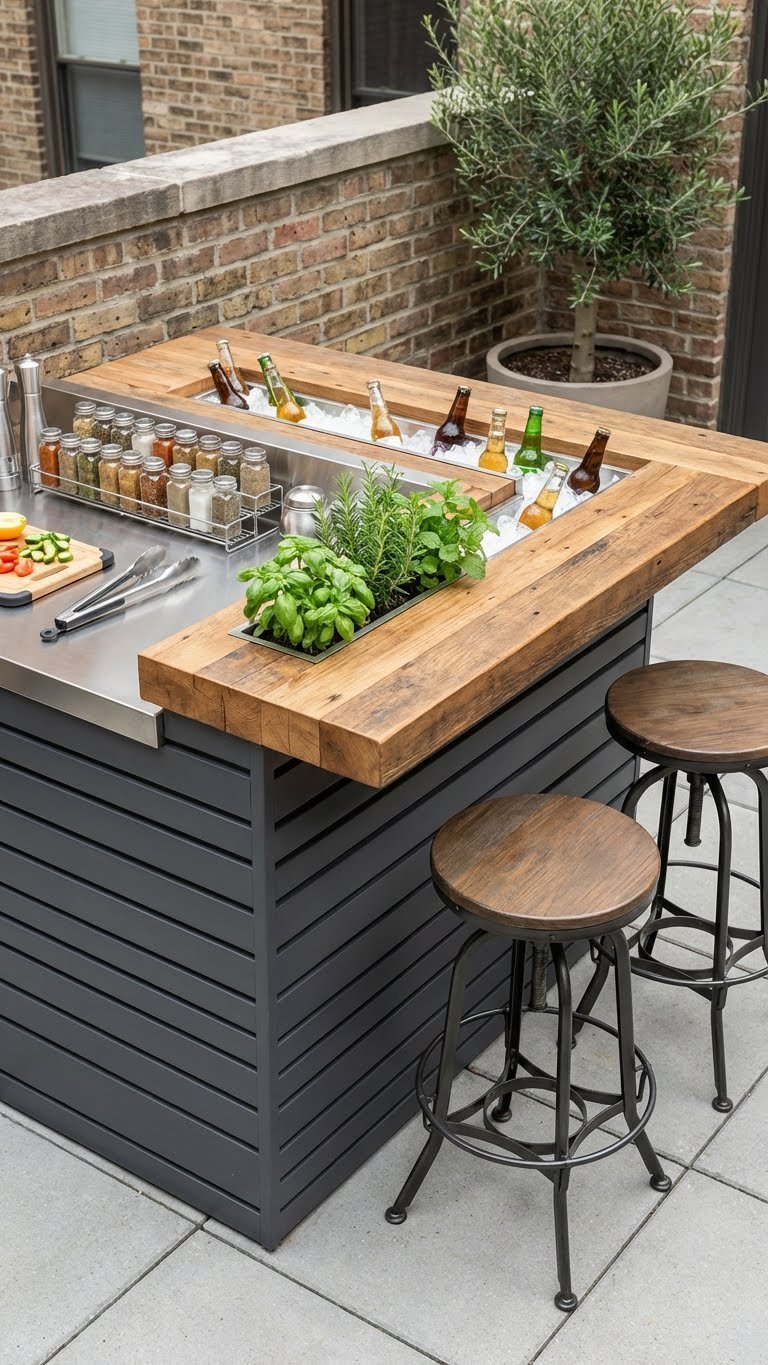 Outdoor Kitchen Island Ideas For Small Spaces With Seating 16 Two-tiered outdoor kitchen island with stainless steel prep counter and reclaimed wood seating bar