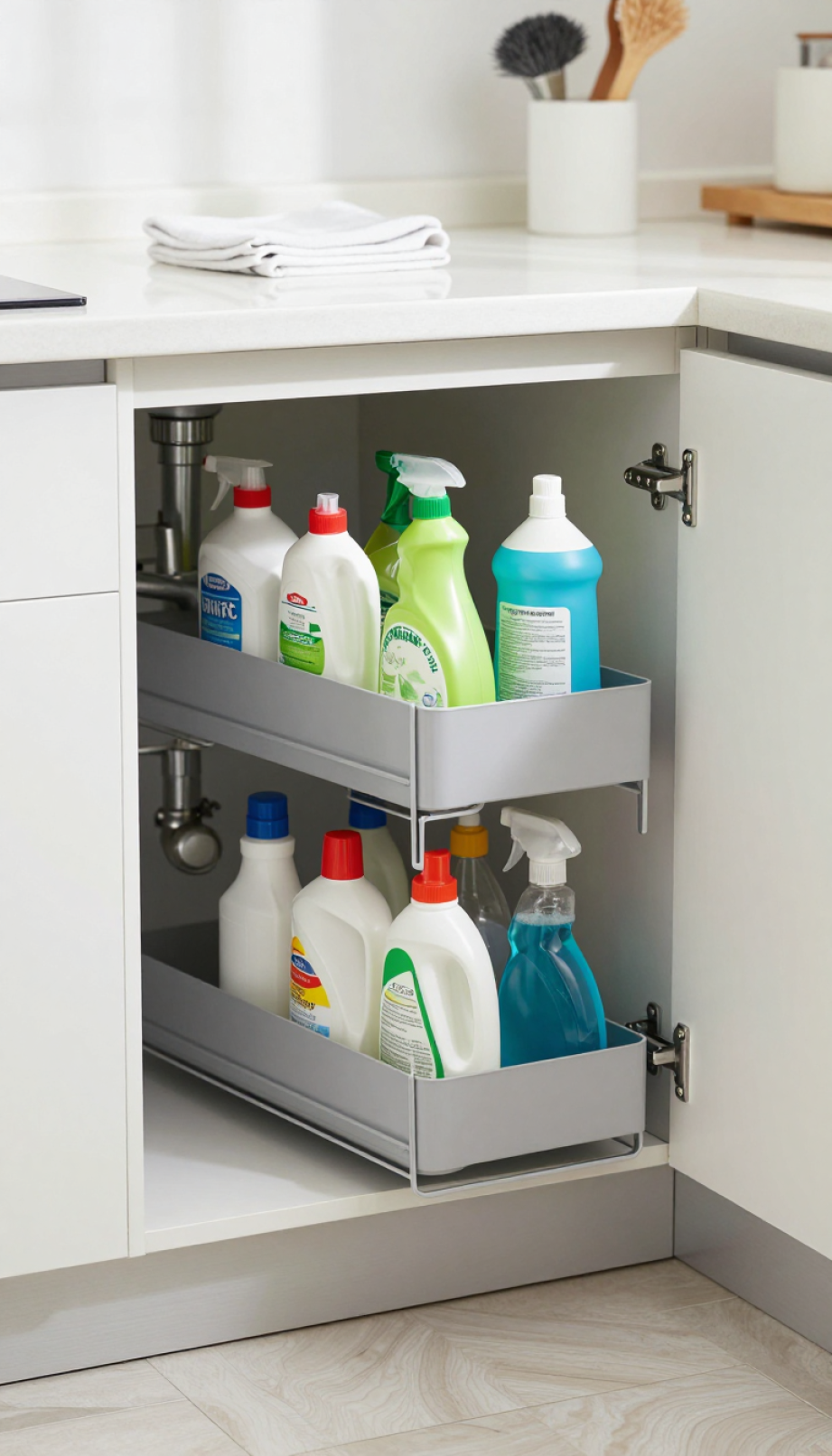 Two-tiered pull-out organizer under kitchen sink maximizing space around plumbing with cleaning supplies