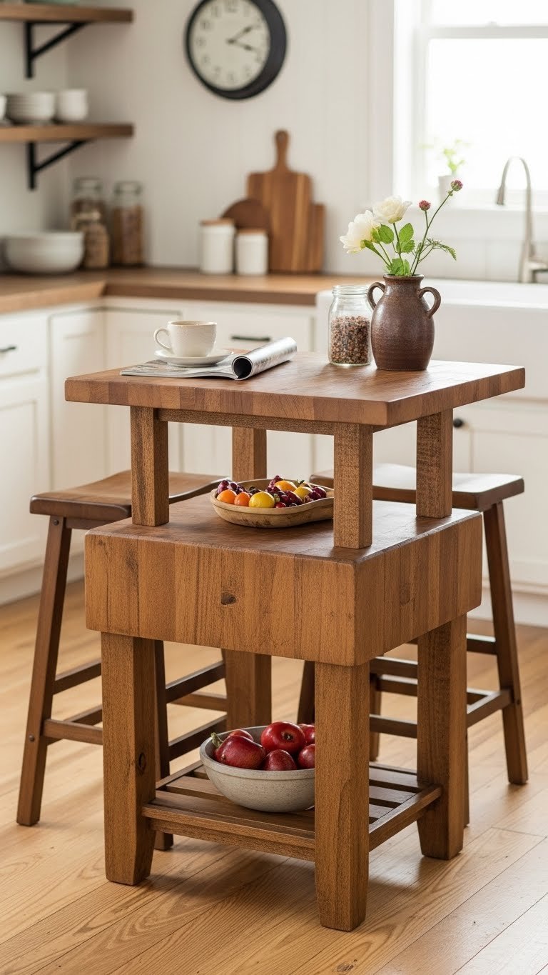 Two-tiered rustic kitchen island with butcher block prep area and elevated reclaimed wood serving surface with bar stools
