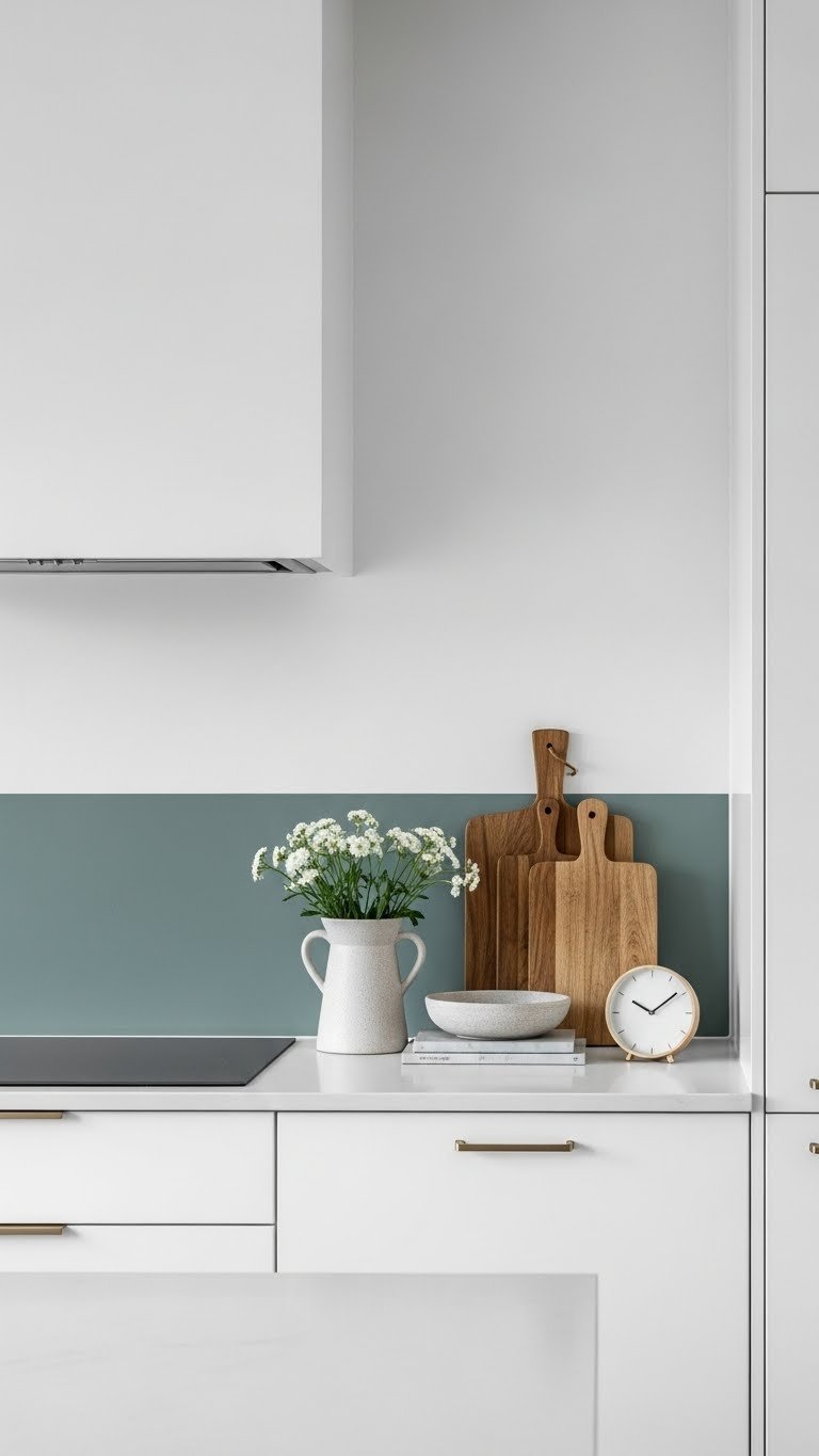 Two-tone color block kitchen accent wall with crisp white top and muted sage green bottom