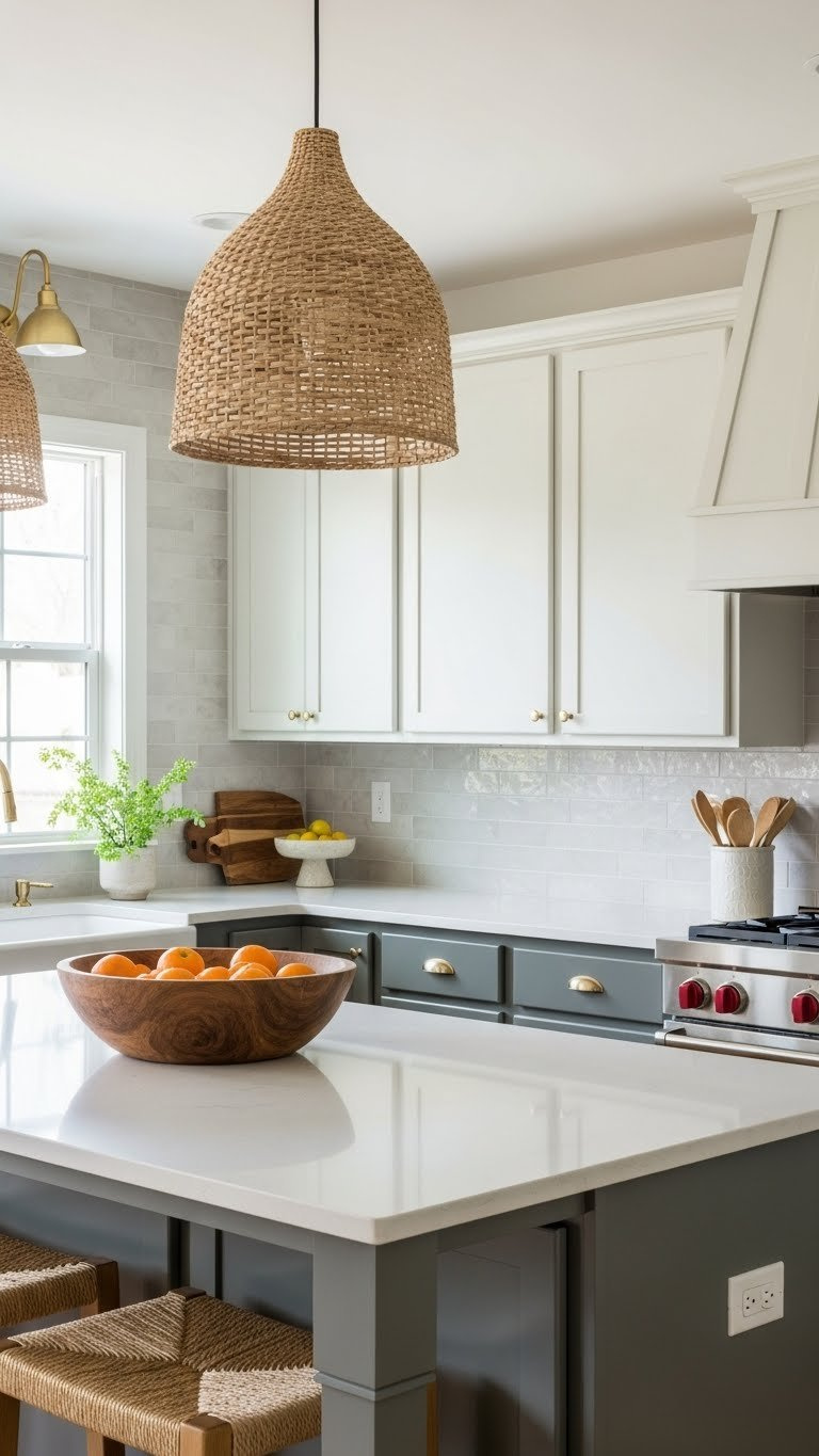 Two-tone green cabinets with lighter uppers and darker lowers featuring wooden island with fruit bowl