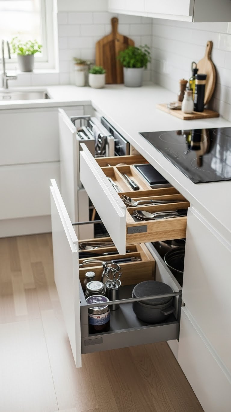 U-shaped Scandinavian kitchen layout showing efficient work triangle with organized drawers and integrated appliances