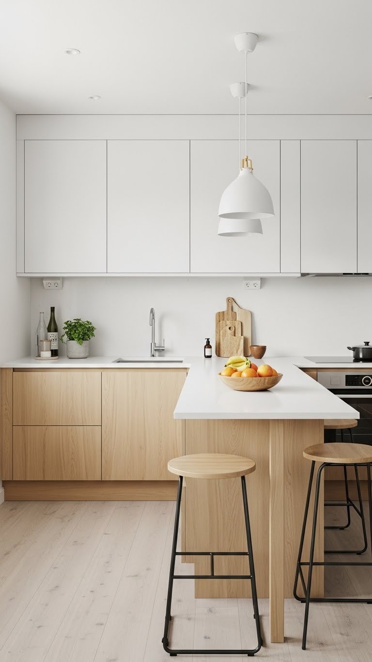 U-shaped Scandinavian kitchen peninsula with integrated appliances, fruit bowl, and cutting board in bright lighting