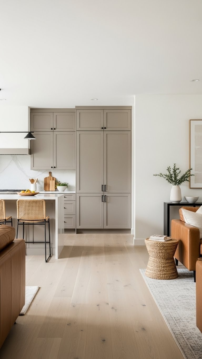 U-shaped kitchen island transitions to living room in open floor plan. Unified wood floor, sleek cabinets, cohesive neutral tones.