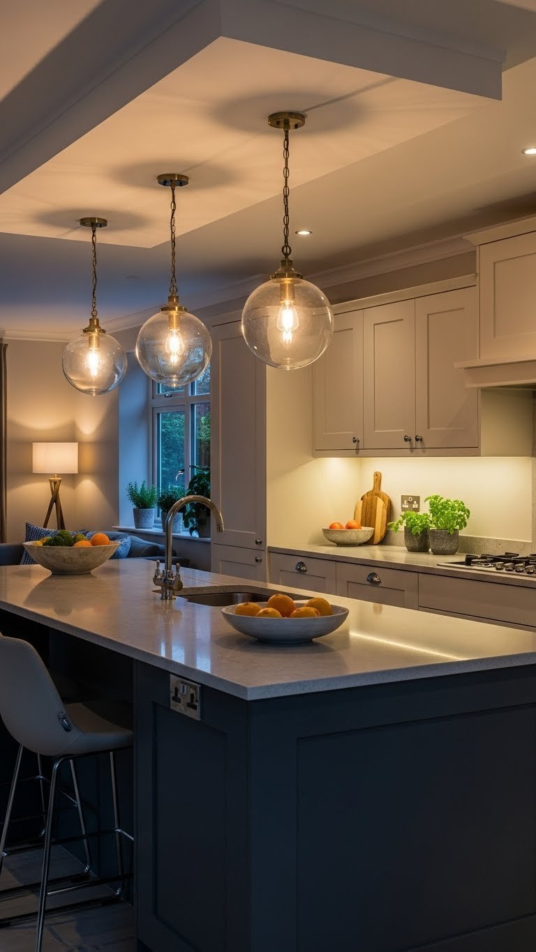U-shaped kitchen island with layered lighting: recessed, task, pendant lights. Stone counter, warm creams, charcoal.