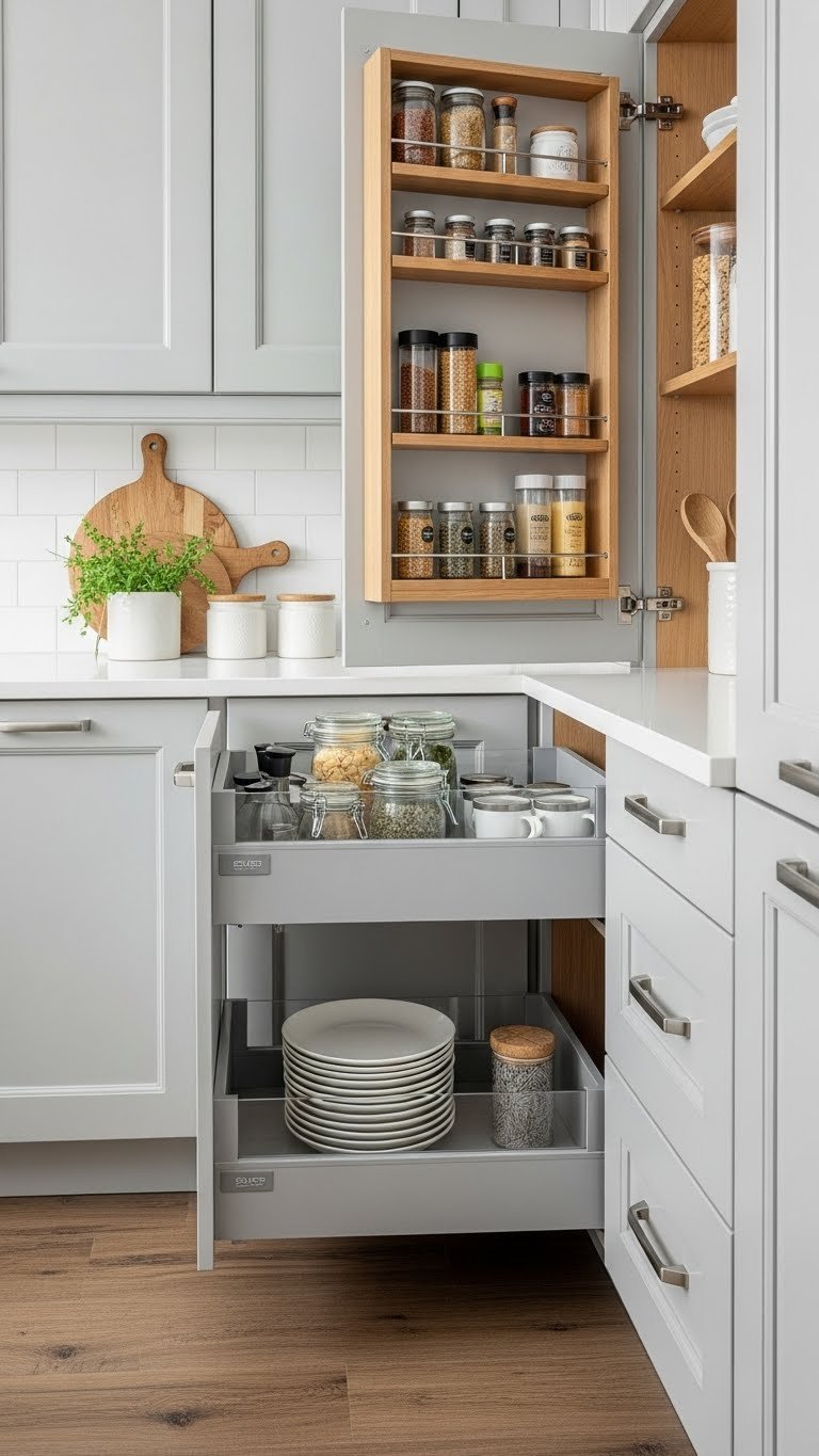 U-shaped kitchen with smart storage: deep drawers, pull-out pantry, spice racks. Organized, light gray, natural wood.