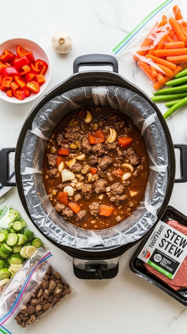 9 Easy Beef Stew Crock Pot Recipes For Cozy Family Dinners 17 Ultimate dump and go beef stew in a slow cooker with ingredients on a kitchen counter