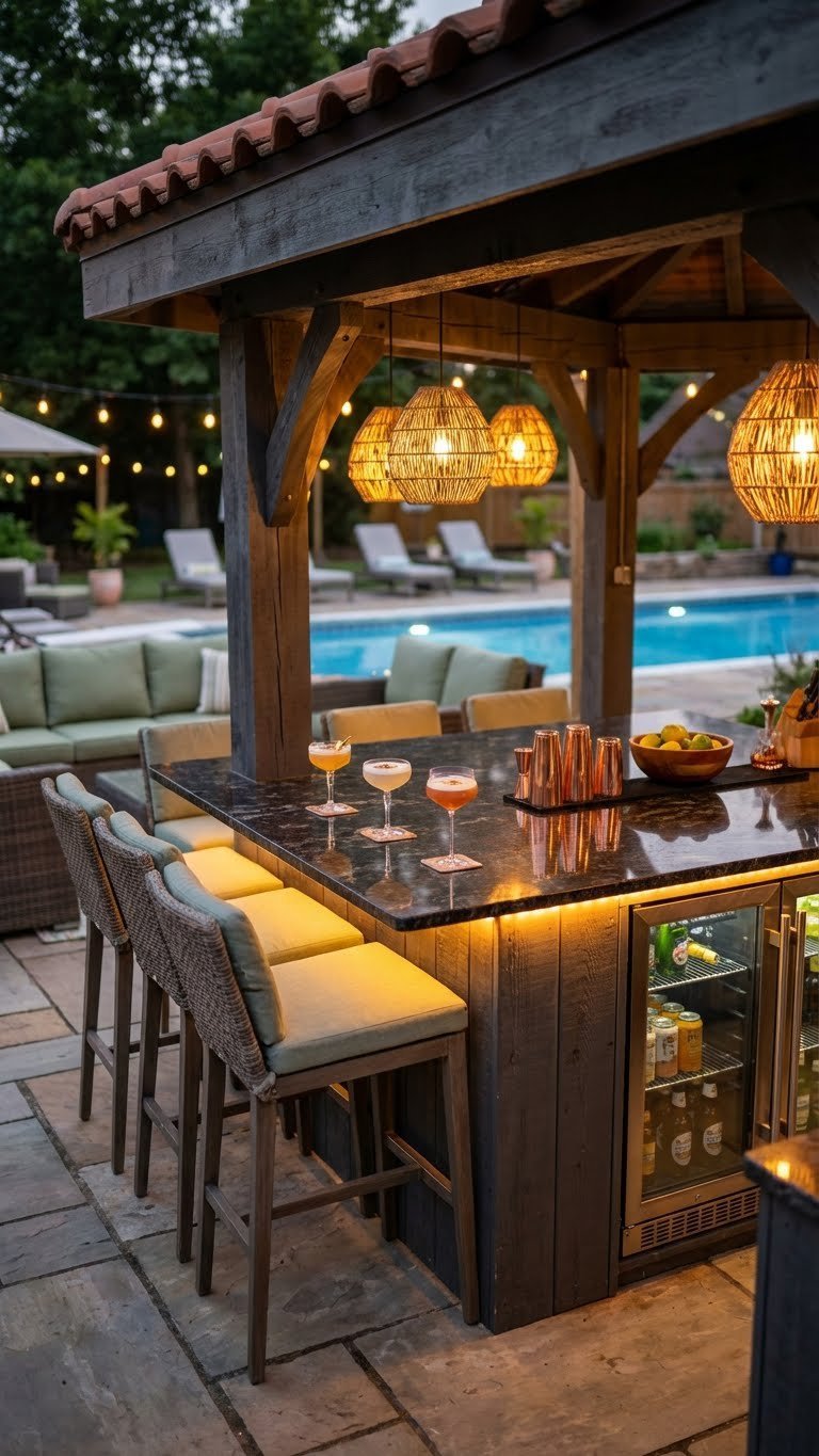 Outdoor Kitchen Gazebo Design Ideas That Are Complete And Proven 5 Ultimate entertainer's outdoor kitchen gazebo with full granite bar, ambient lighting, and swimming pool backdrop