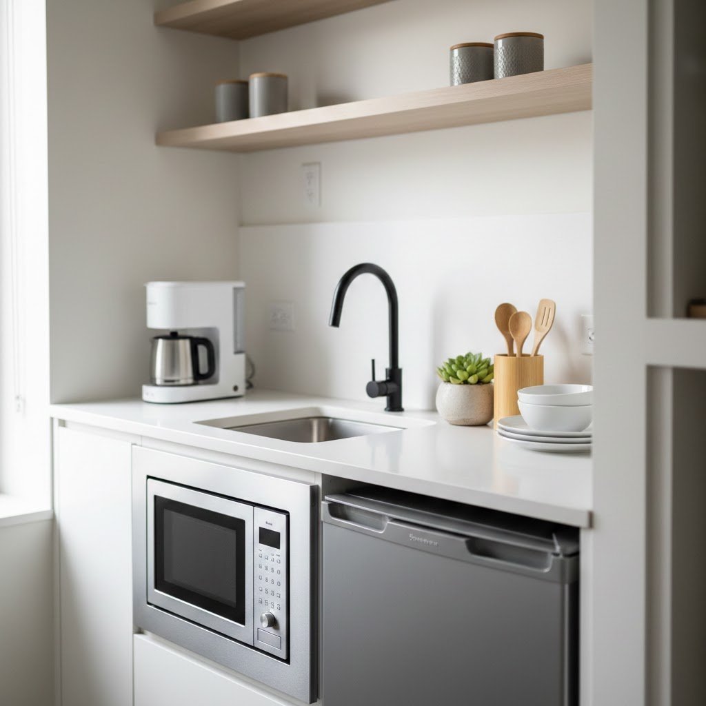 Ultra-compact micro-kitchen layout with integrated appliances, white laminate countertops, and space-saving minimalist design
