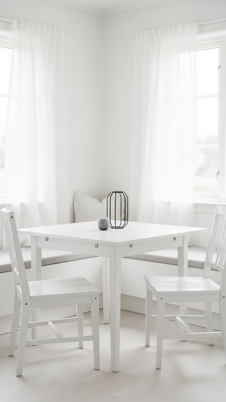 Ultra-minimalist all-white Scandi kitchen nook with white table, chairs, and black vase accent by large window.