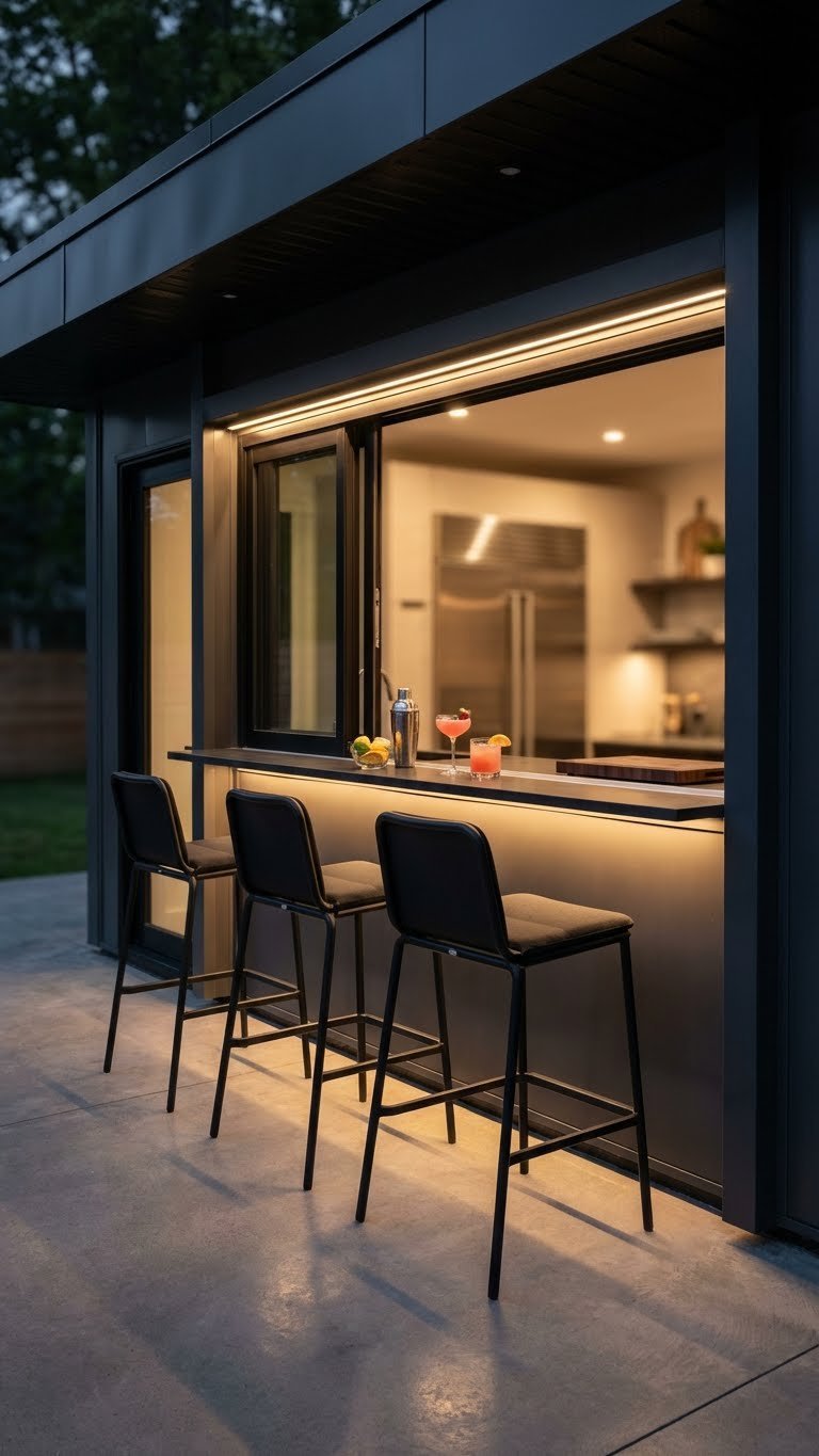 Outdoor Kitchen Enclosed Design Ideas For Year Round Use 9 Ultra-modern detached outdoor kitchen bar with dark metal siding, LED lighting, and Dekton countertop for evening entertaining