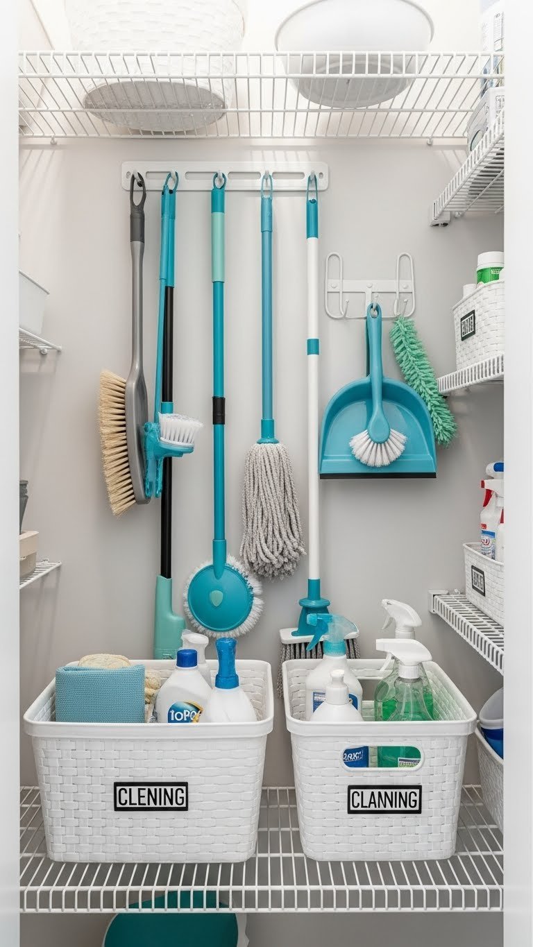 Ultra-organized pantry cleaning supply zone with labeled baskets, hung mops, and brooms on white wire shelving, separate from food.