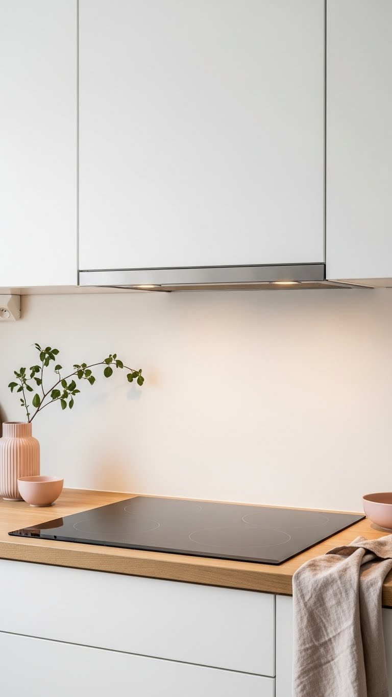 Under-cabinet scandi kitchen hood recessed beneath white upper cabinetry above light wood countertop