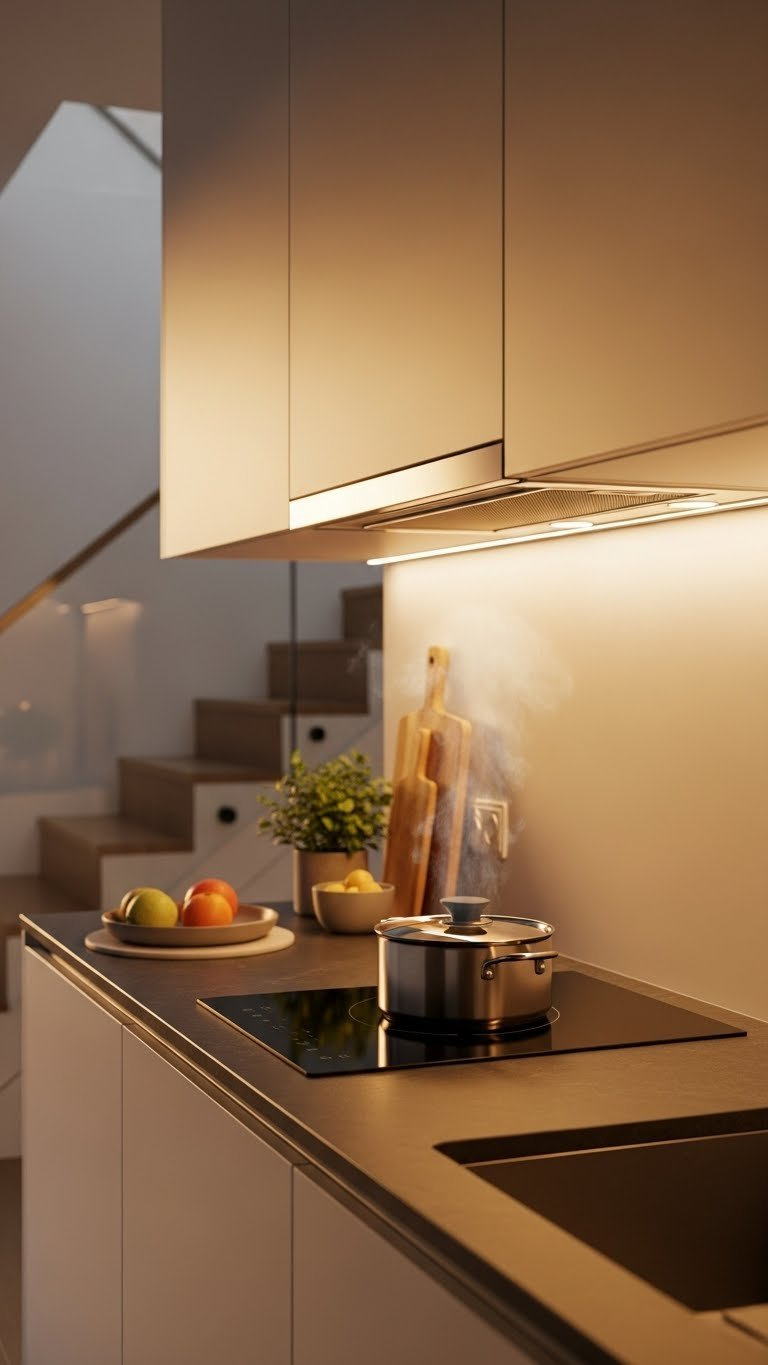 Under-stair kitchen with warm LED strip lighting and discreet ventilation fan integrated into sleek dark stone countertop