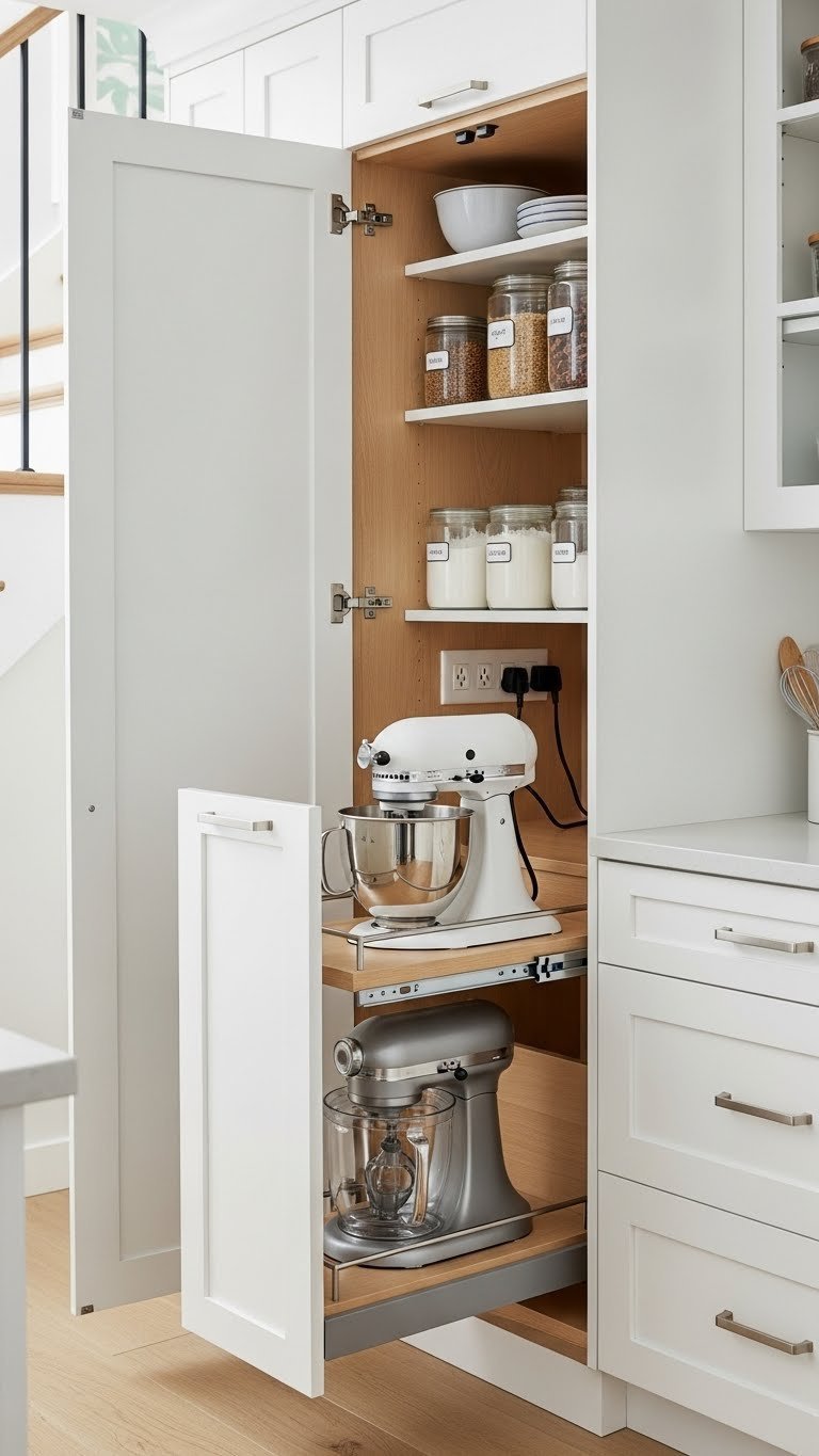 Brilliant Kitchen Pantry Ideas Under Stairs: 11 Space Solutions 13 Under-stairs appliance garage and dry goods pantry with a pull-out shelf for a mixer and baking ingredients in crisp whites.