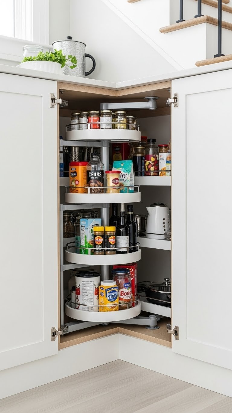Brilliant Kitchen Pantry Ideas Under Stairs: 11 Space Solutions 7 Under-stairs kitchen pantry corner with multi-tiered rotating shelves stocked with jars and spices in crisp whites and light grays.