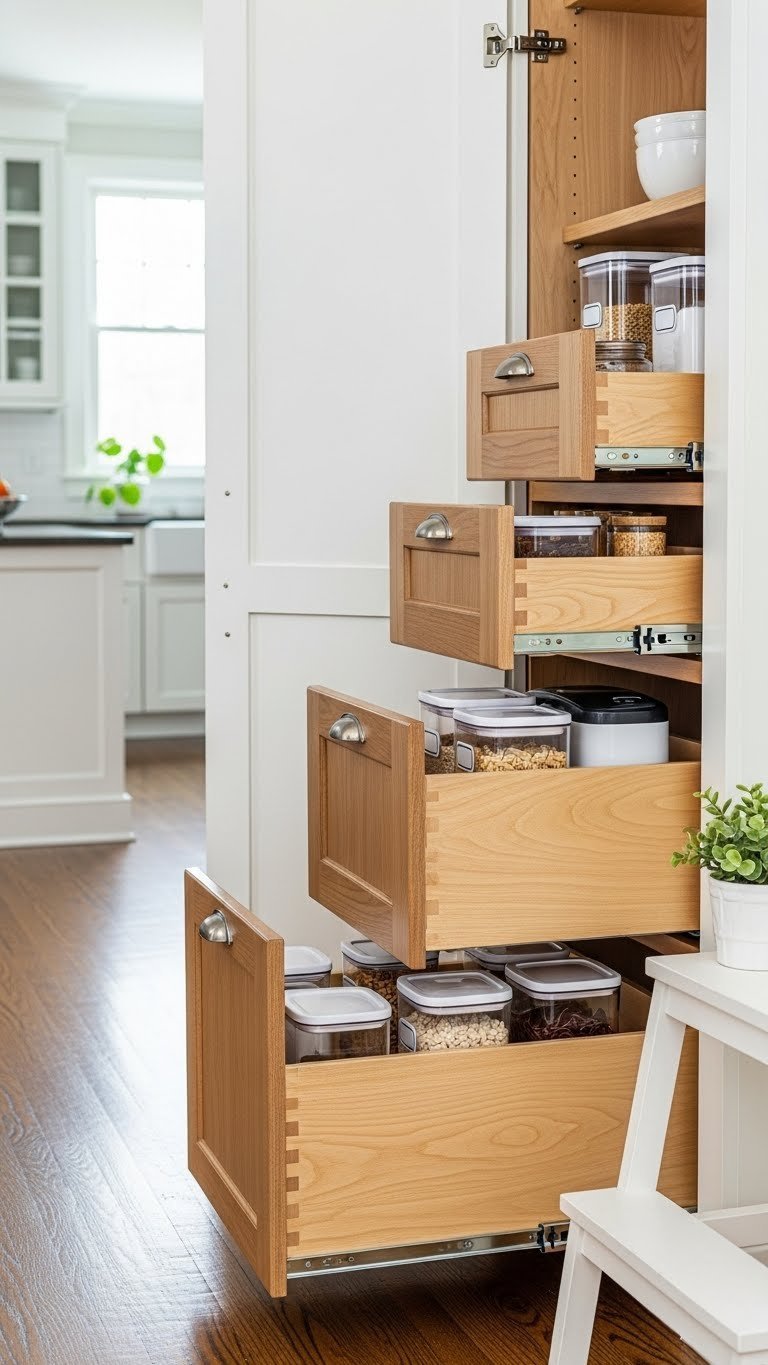 Brilliant Kitchen Pantry Ideas Under Stairs: 11 Space Solutions 1 Under-stairs kitchen pantry with custom roll-out drawers revealing perfectly organized dry goods in clear, labeled containers and soft daylight.