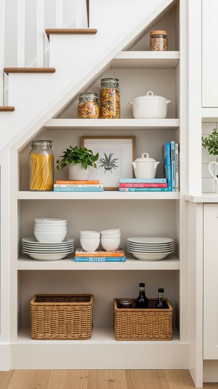 Brilliant Kitchen Pantry Ideas Under Stairs: 11 Space Solutions 17 Under-stairs kitchen pantry with elegant open shelving displaying pantry staples, cookbooks, and decorative items in natural woods.