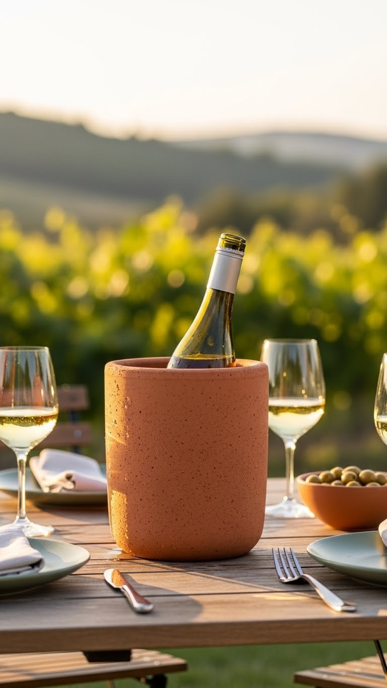 Unglazed terracotta wine cooler chilling white wine in garden setting with wine glasses
