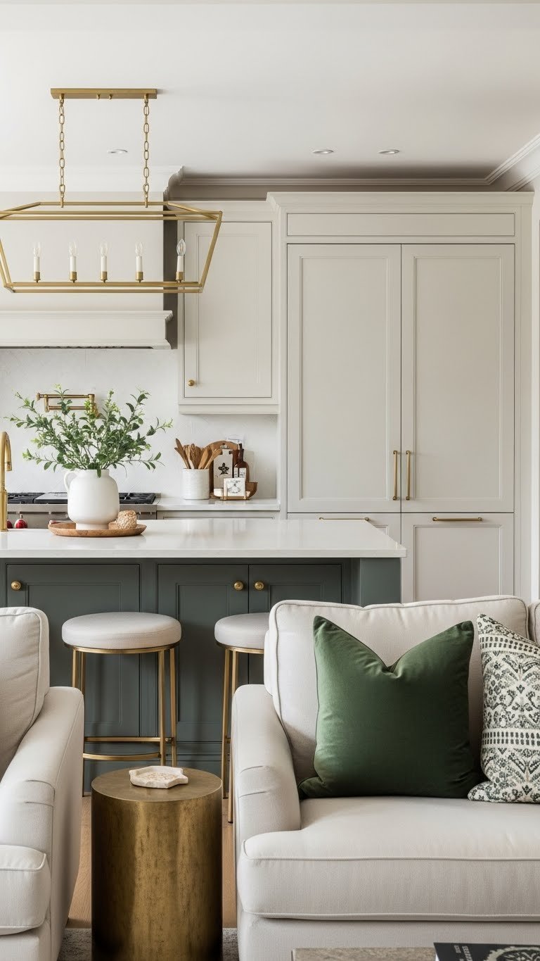 Unified sage green kitchen island & living room accents create cohesive open concept design. Warm creams, brass finishes, elegant interior.