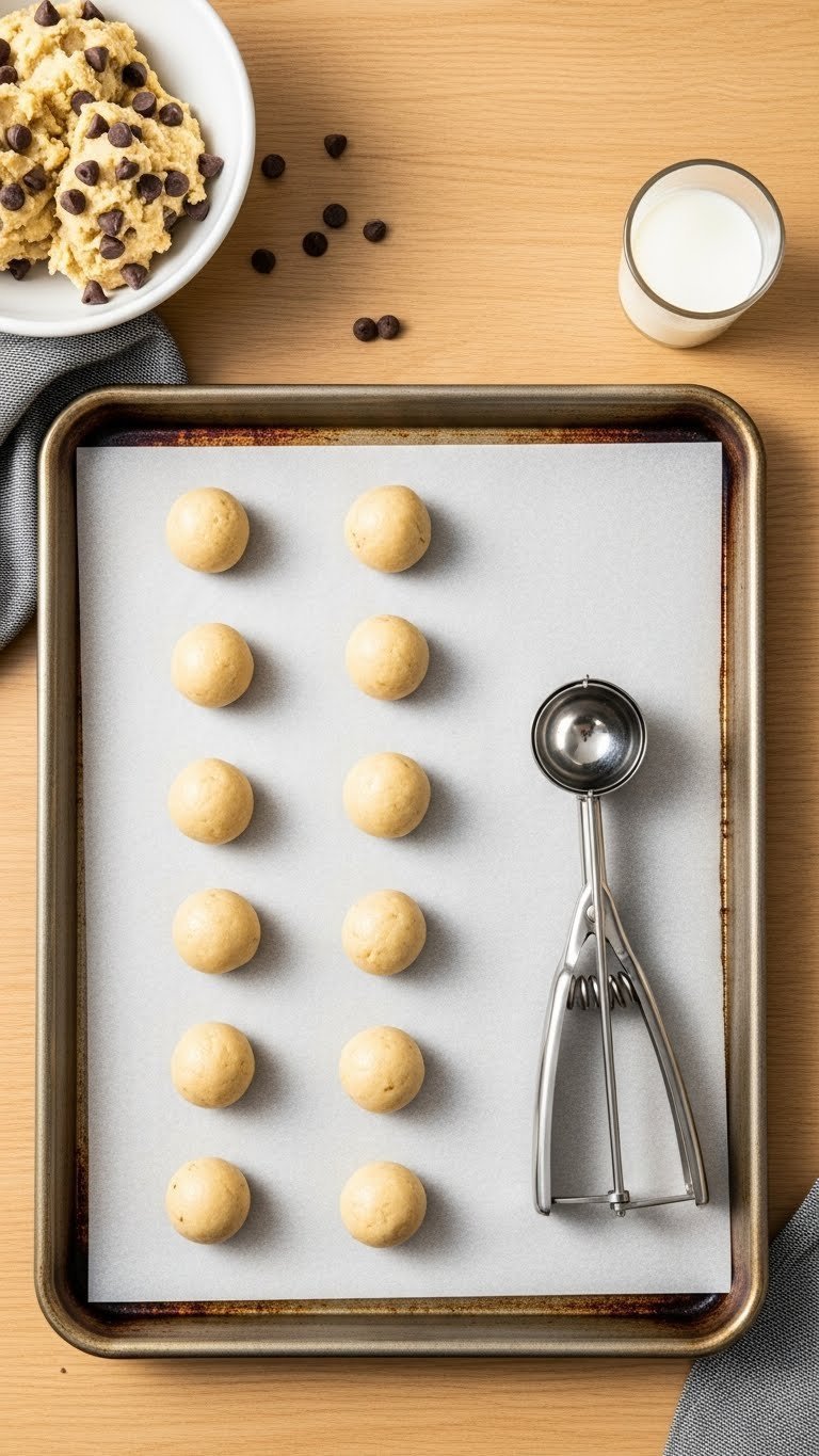 Uniform cookie dough balls portioned with stainless steel scoop on parchment paper